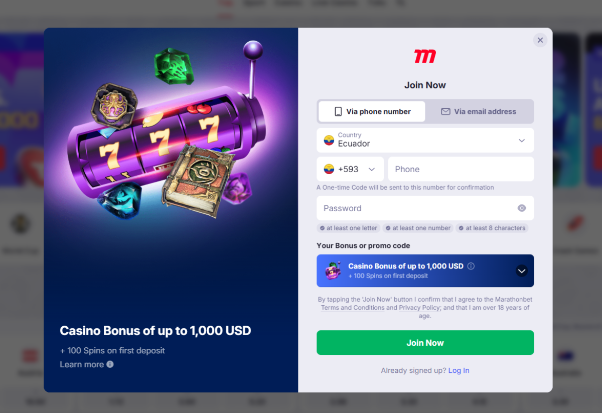 Marathonbet registration form with phone number entry, password and bonus selection block