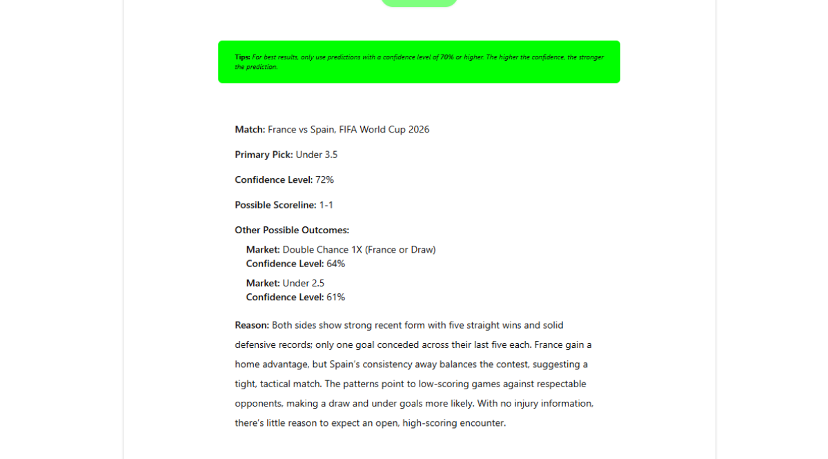 FootballPredictAI prediction output with confidence levels and reasoning