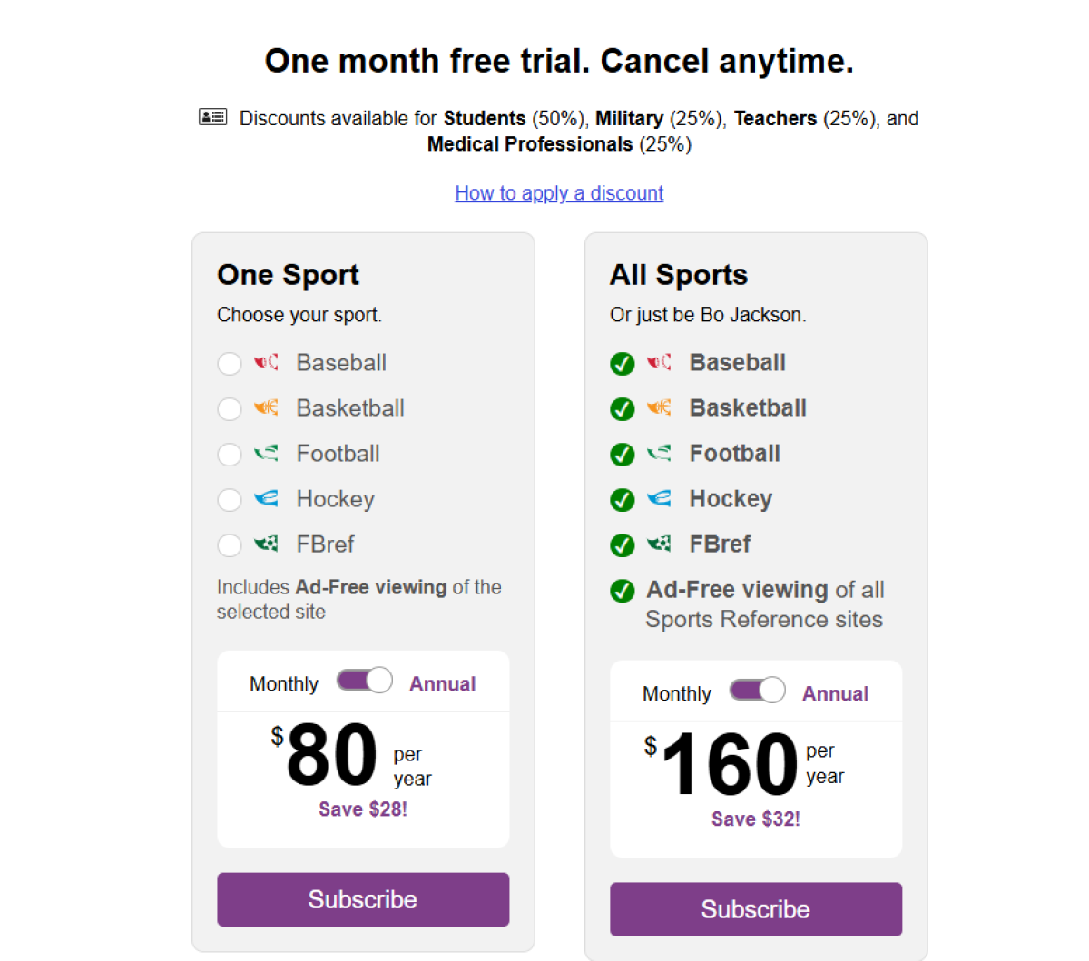 Stathead plan picker with FBref listed among five sports