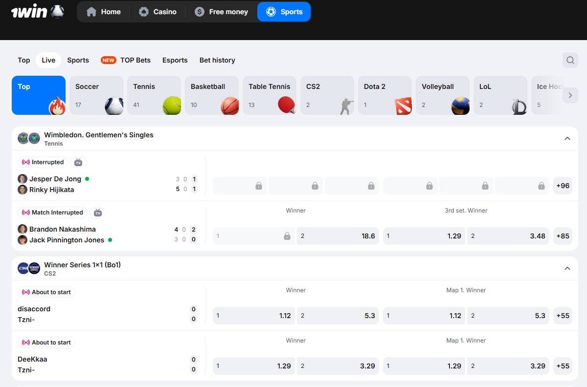 1win live betting interface with integrated video stream and bet slip