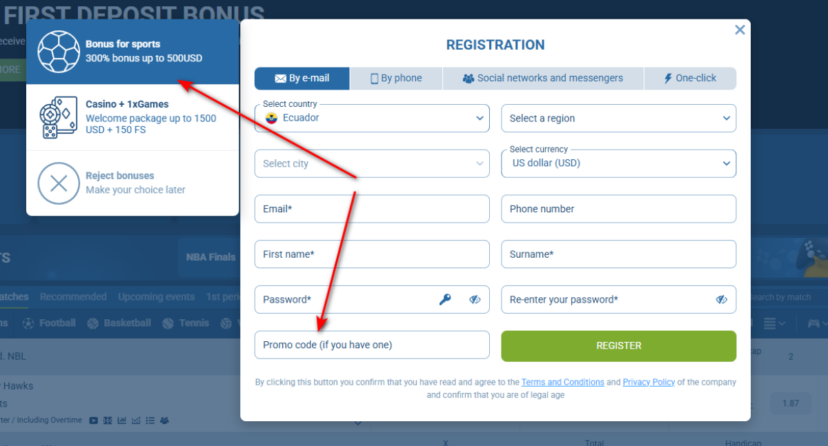 1xBet registration form showing the promo code field for entering Newbons21