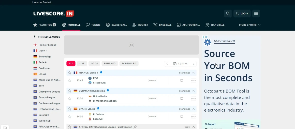 The beautifully simple Livescore.in homepage – no fluff, just scores