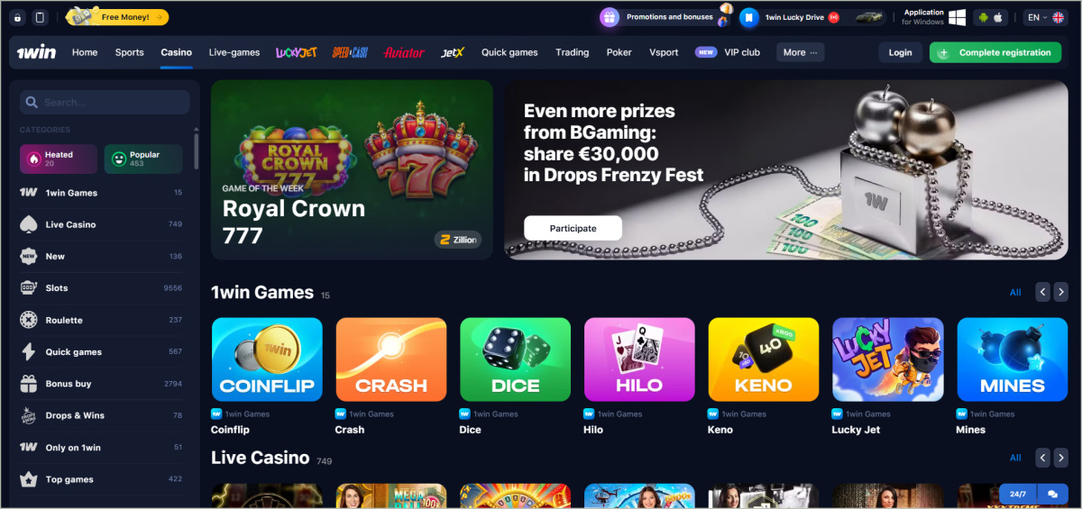 1Win casino lobby with 10,000+ games from top providers