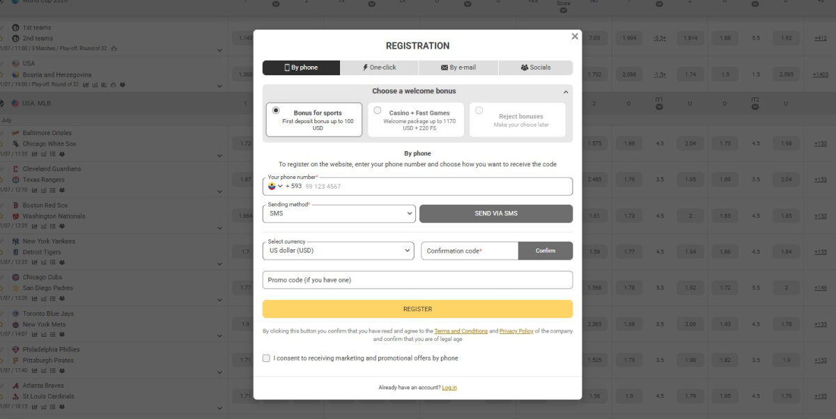 Melbet registration form showing By phone, One-click, By e-mail and Social networks tabs and the welcome bonus selector