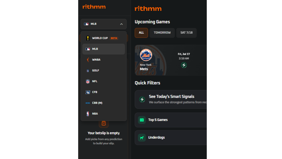 Rithmm league selector with the World Cup beta at the top