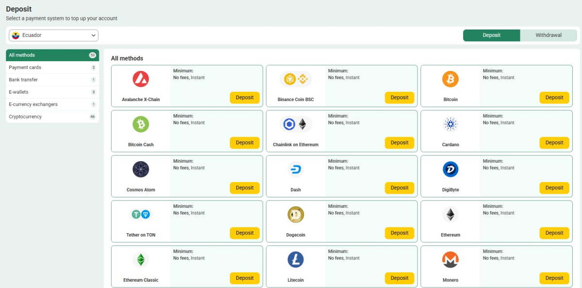 Betwinner deposit cashier with payment cards, bank transfer, e-wallets and a 46-option cryptocurrency category, all fee-free