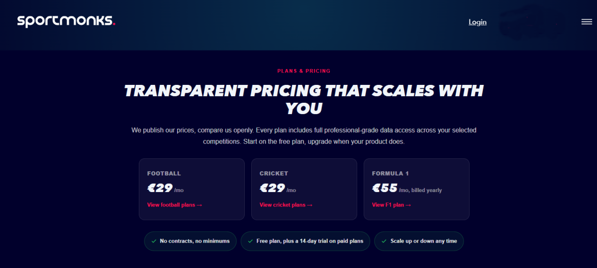 Sportmonks football data API pricing page showing plans from 29 euros a month