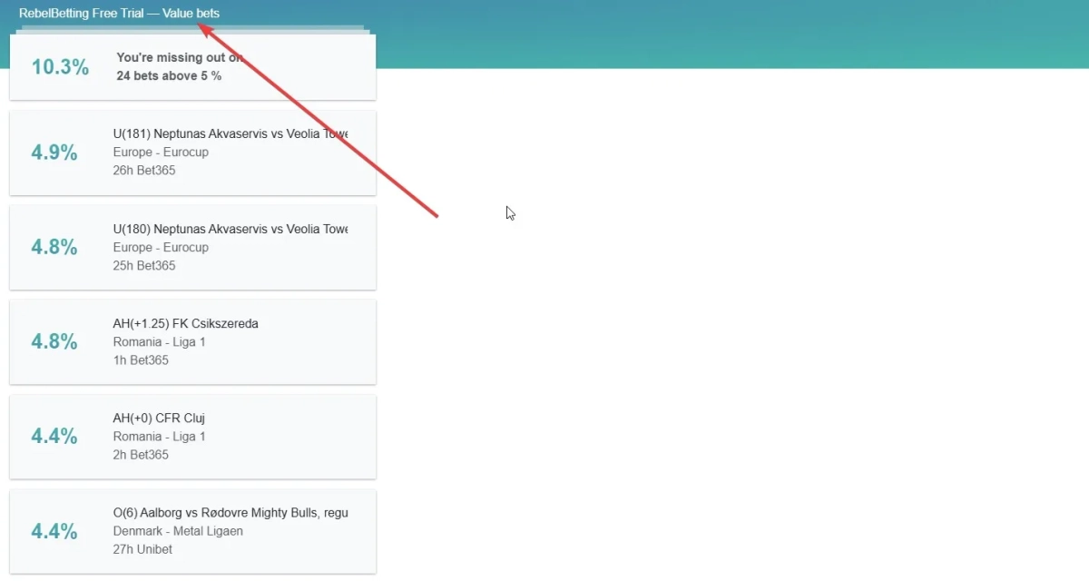 The value betting dashboard showing available value bets with their expected value percentages