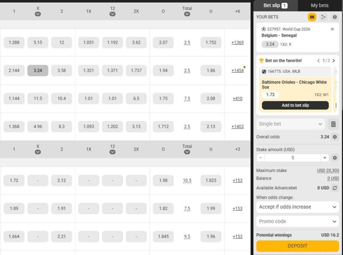 Melbet betslip showing a football selection, stake field and place a bet button