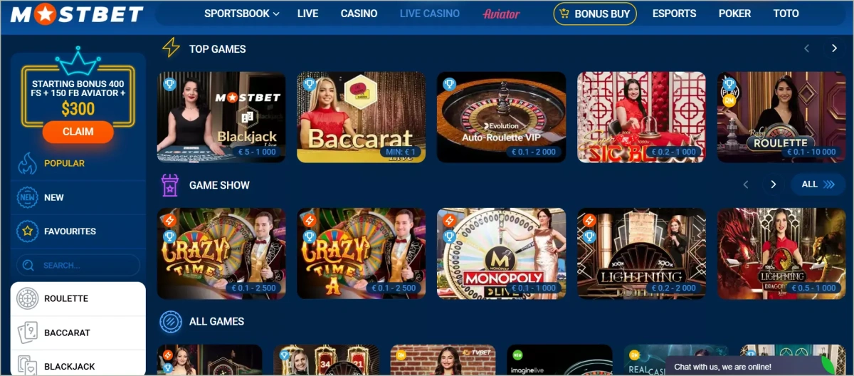 Live casino section with professional dealers at various table games