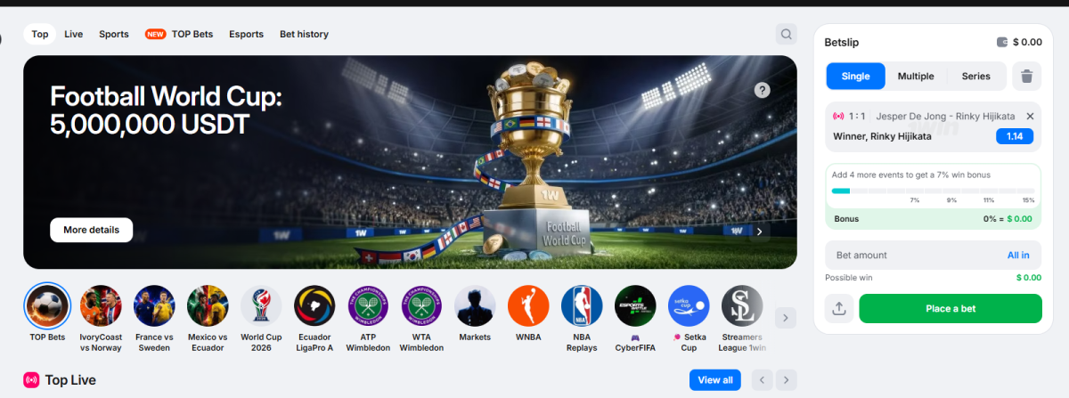 1win betslip showing a tennis selection, stake field, accumulator bonus bar and place a bet button