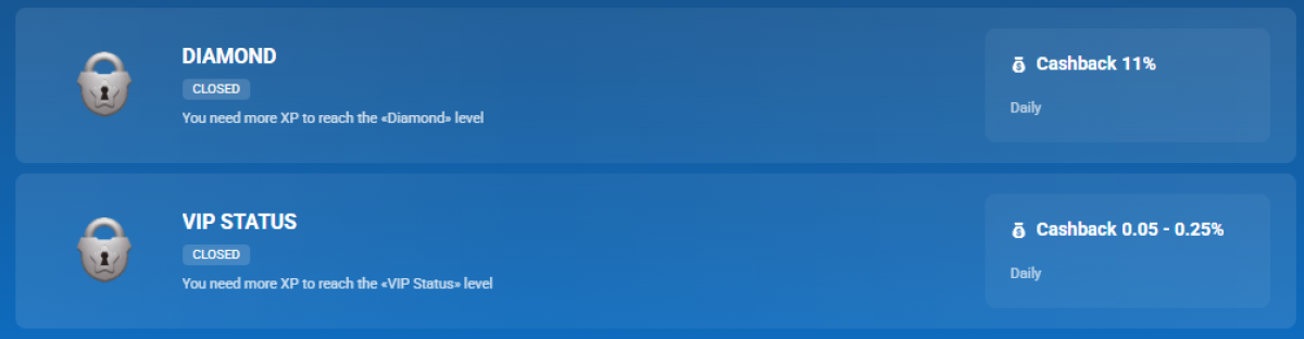 Diamond level at 11% cashback next to VIP Status at 0.05% to 0.25% in the 1xBet account