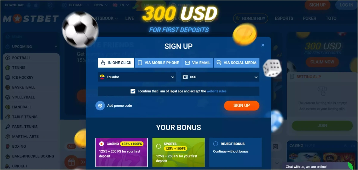 Mostbet registration interface showing four signup methods