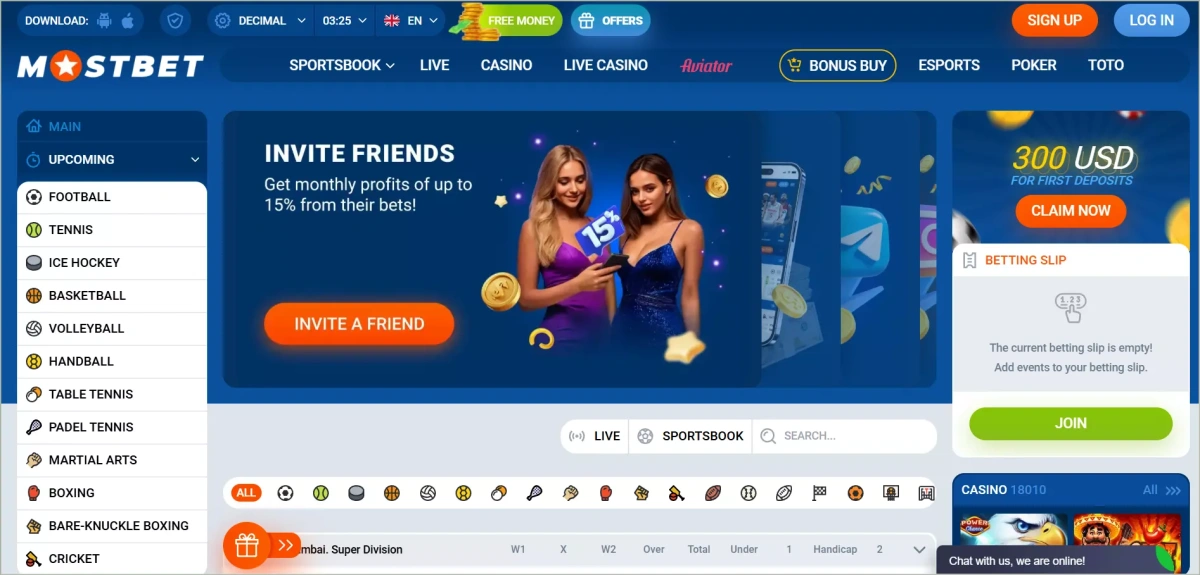 Mostbet official homepage showing sports betting and casino sections