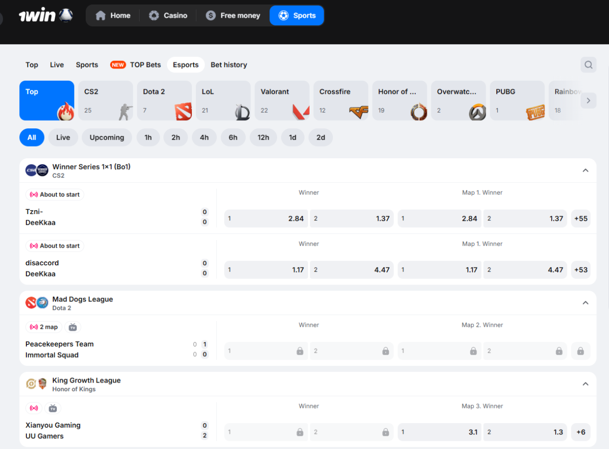 1win esports page showing CS2, Dota 2 and Valorant events with winner and map winner odds