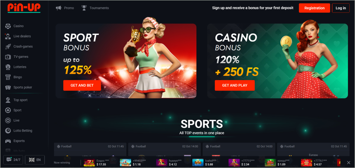 Pin Up homepage featuring the main logo, casino and sports betting sections