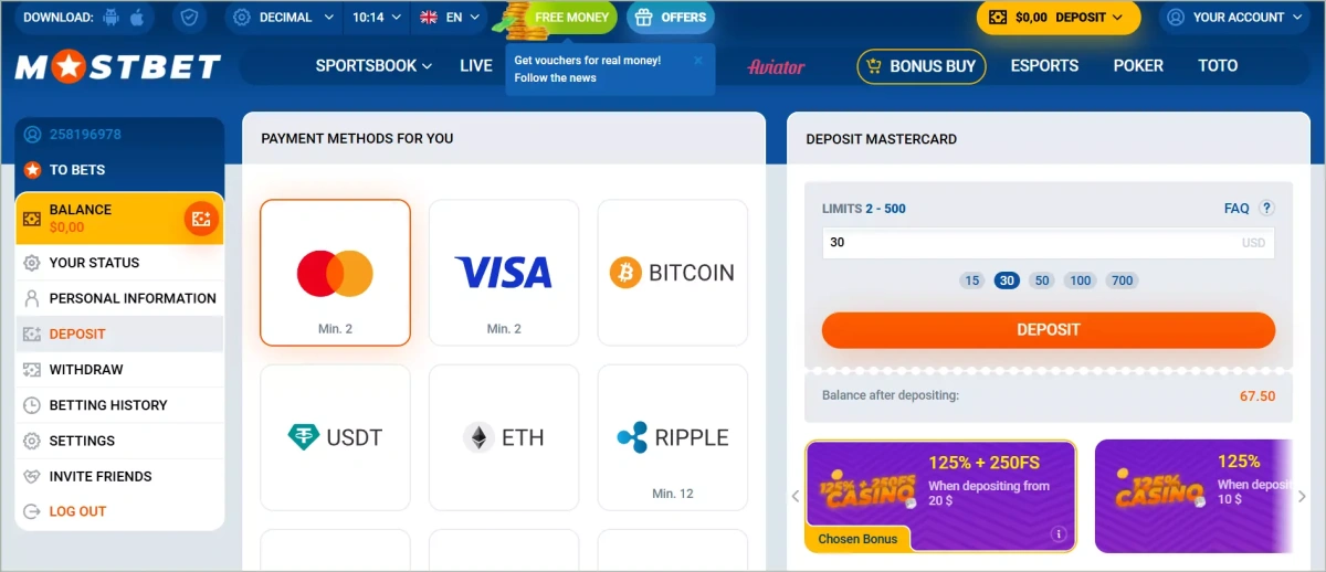 Available payment methods including cards, e-wallets, and cryptocurrencies 