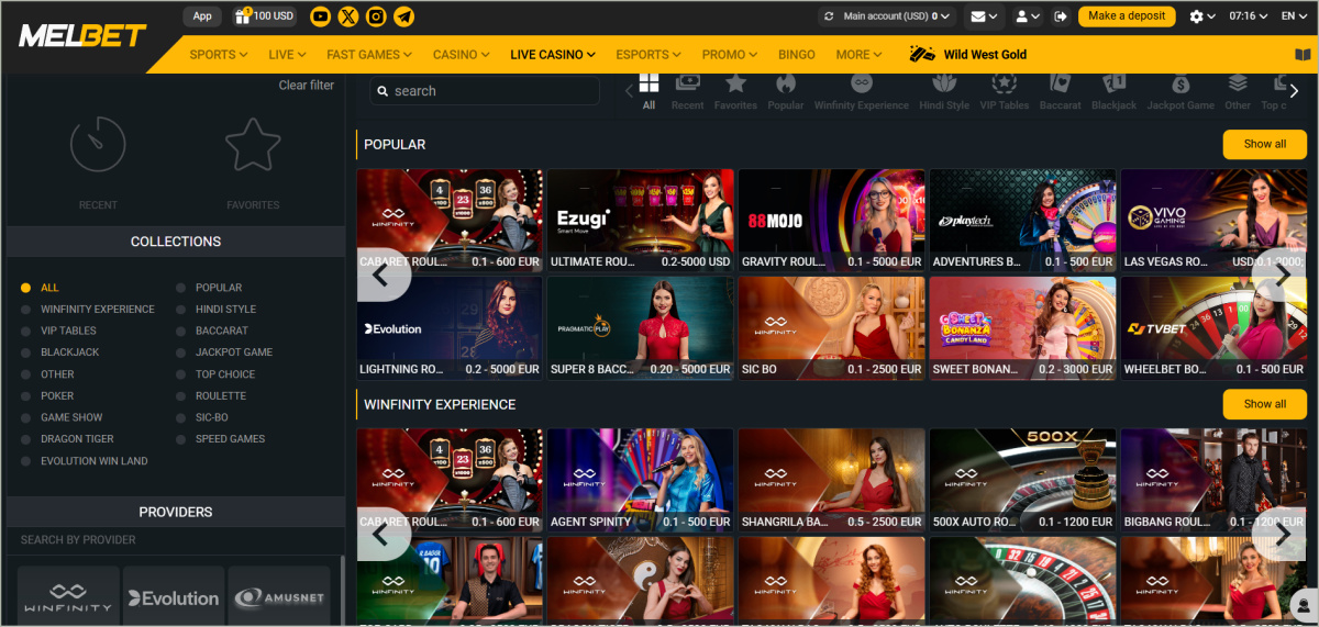 Melbet live casino with professional dealers hosting blackjack, roulette and baccarat games