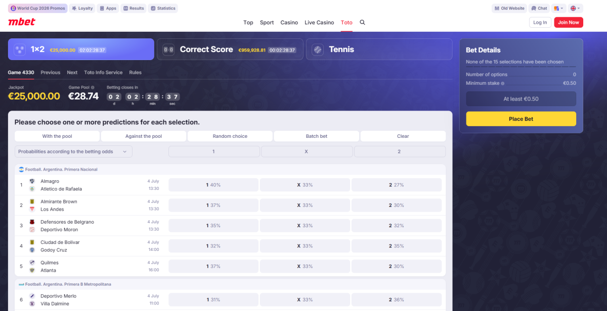 Marathonbet Toto section with 1X2 jackpot pool and 15 football match selections