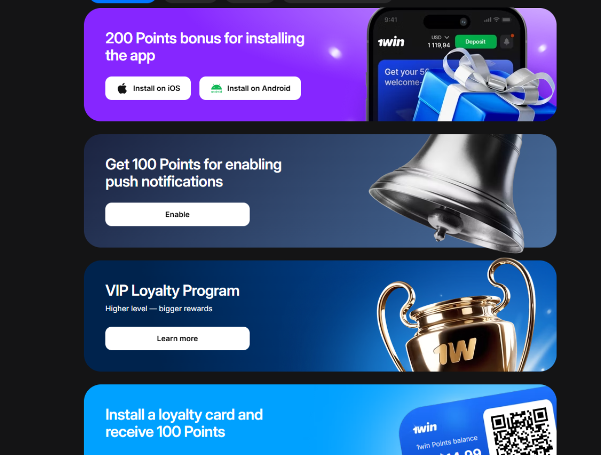 1win Free money page showing points tasks for email, phone and app install plus weekly cashback