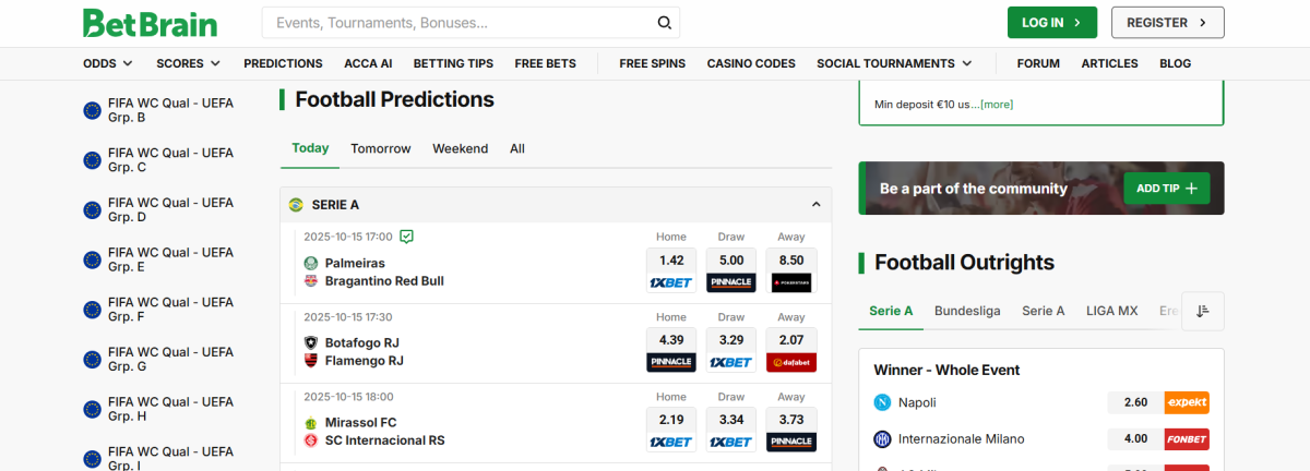 Football predictions page with upcoming matches and analytical data