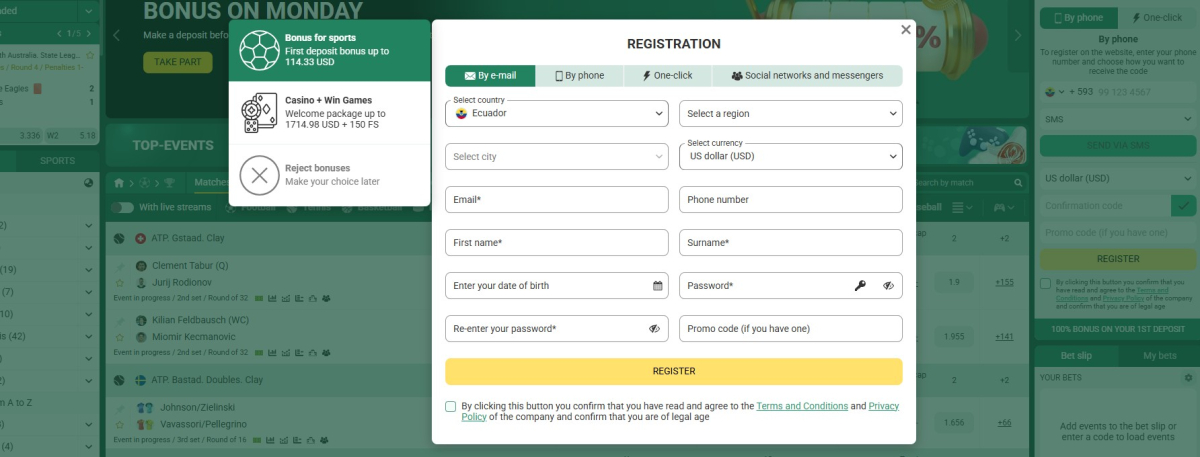 Betwinner registration form with e-mail, phone, one-click and social tabs, currency selector and a bonus choice panel