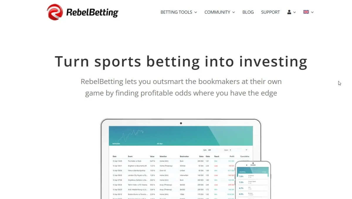 RebelBetting homepage showing the main interface and "Turn sports betting into investing" headline
