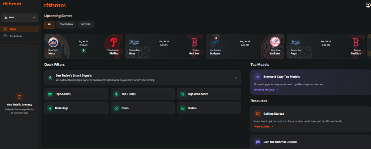 Rithmm web dashboard with upcoming games and quick filters