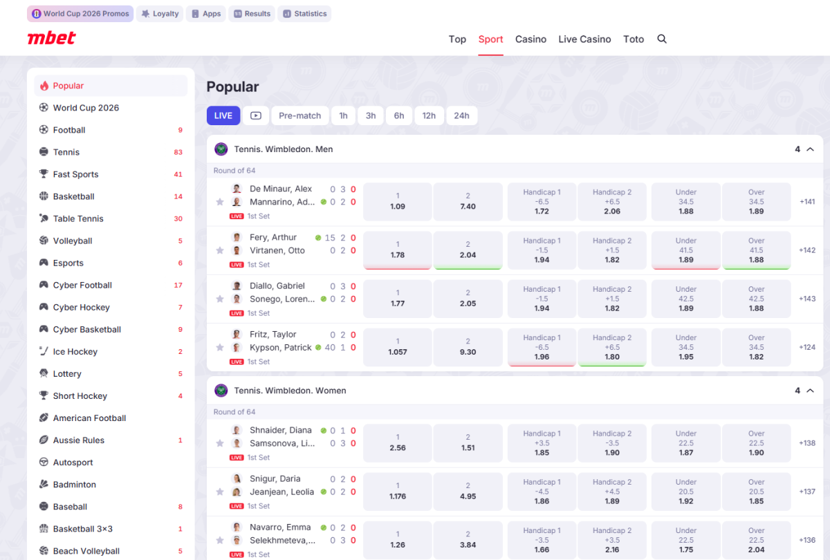 Marathonbet live betting page with tennis matches and in-play odds
