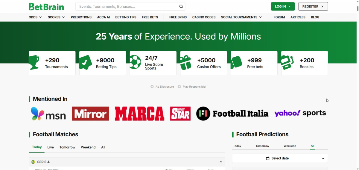 BetBrain homepage showing the main interface and navigation menu