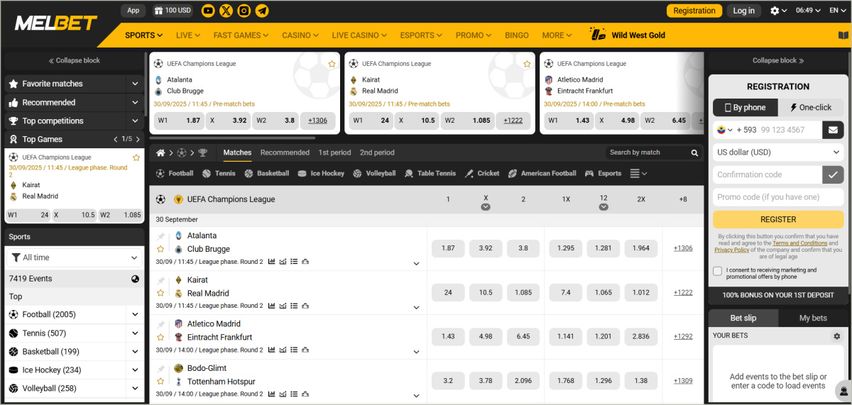 Sports betting section displaying list of 50+ sports categories, live event counters, upcoming matches, and odds comparison for popular events