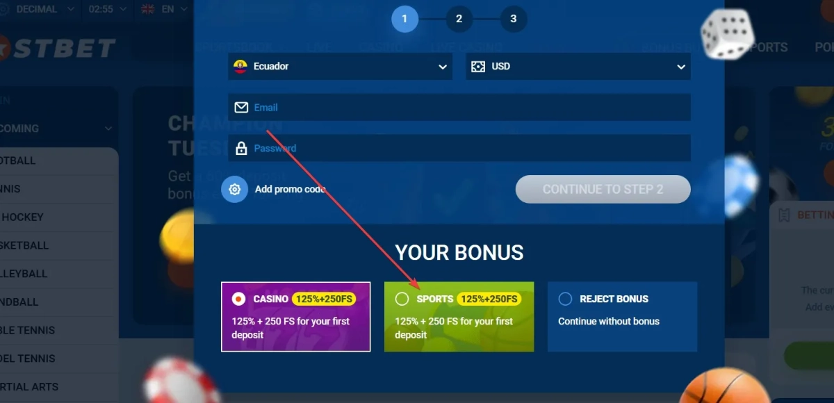 Mostbet bonus type selection showing casino, sports and reject options