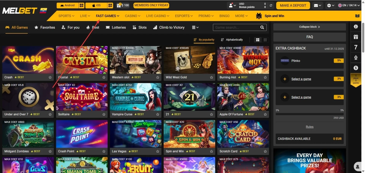 Melbet Fast Games section with crash and instant games