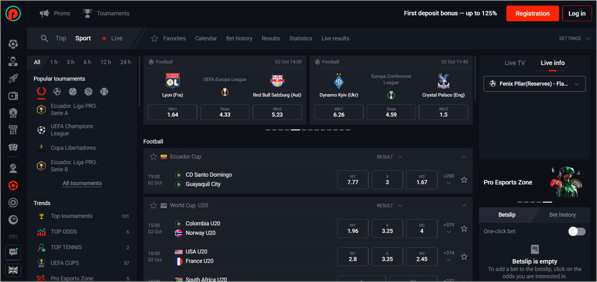 Pin Up sportsbook interface showing live betting odds and available sports markets