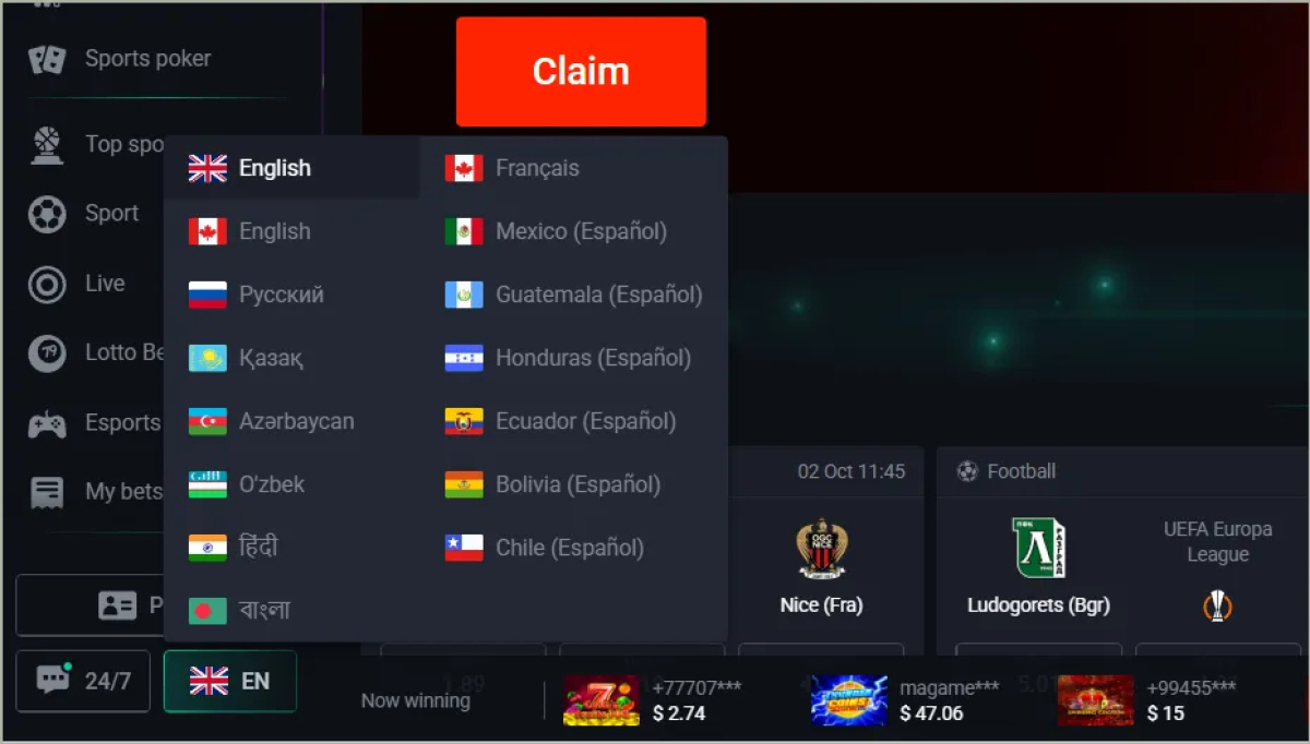 Pin Up language selection interface showing regional options