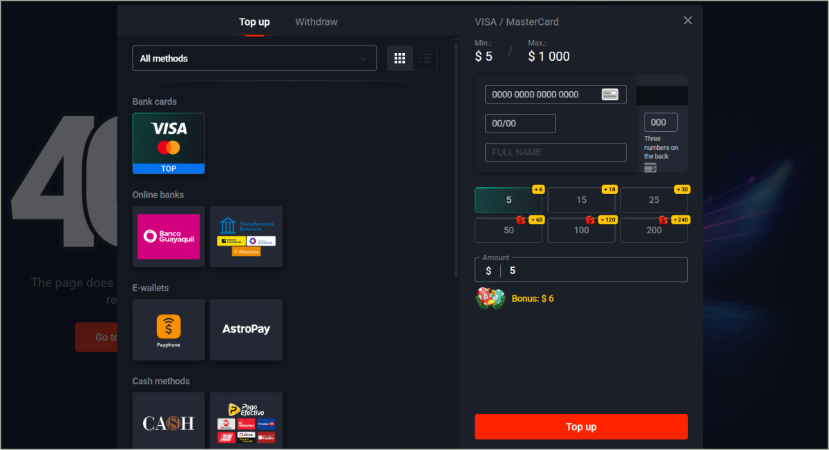 Pin Up payment methods page displaying various payment options