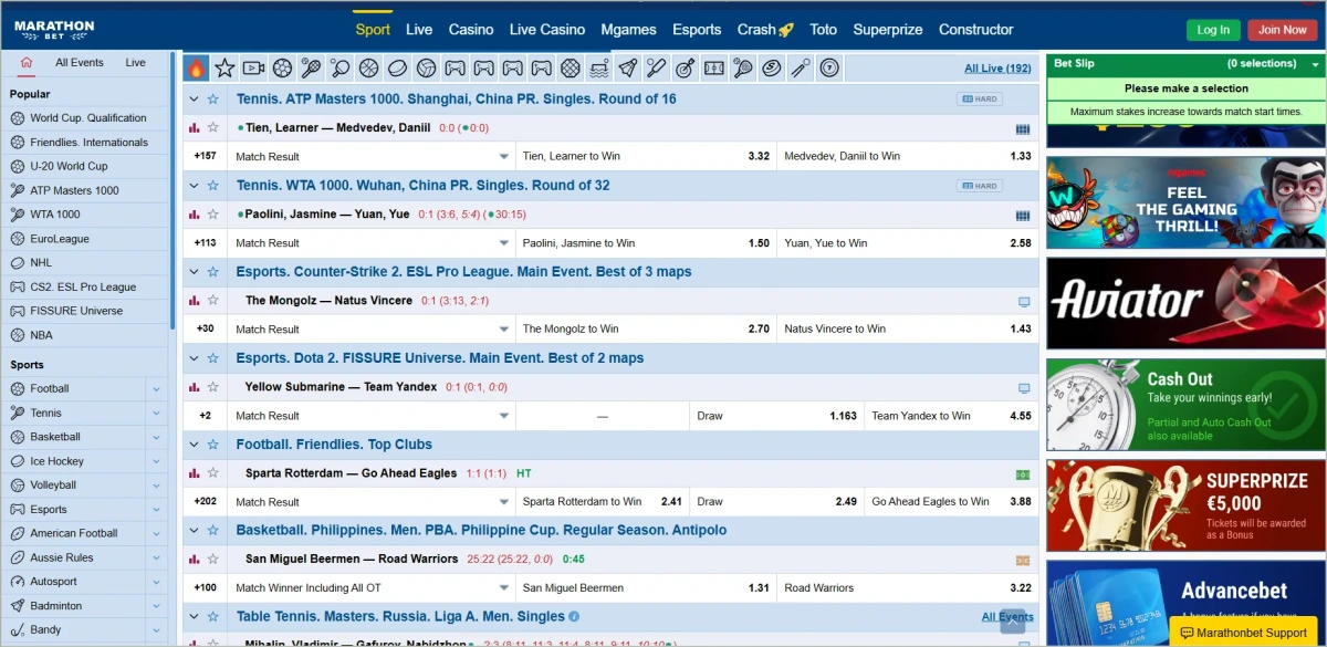 Marathonbet sports betting menu showing available sports and leagues