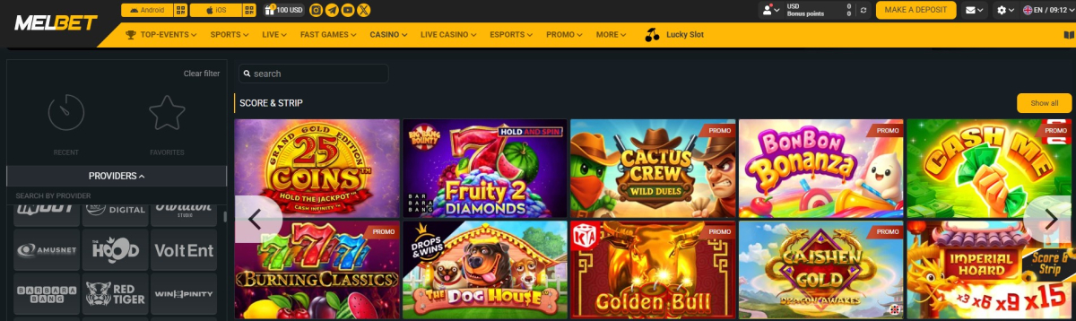 Melbet casino lobby with Casino, Live Casino, Promotions, JetX and Aviatrix tabs and game grid