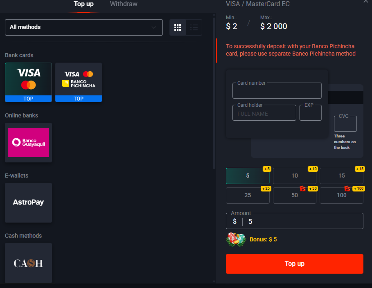 Pin Up cashier deposit window showing Visa and Mastercard limits from 2 to 2,000 dollars alongside bank, e-wallet and cryptocurrency payment methods