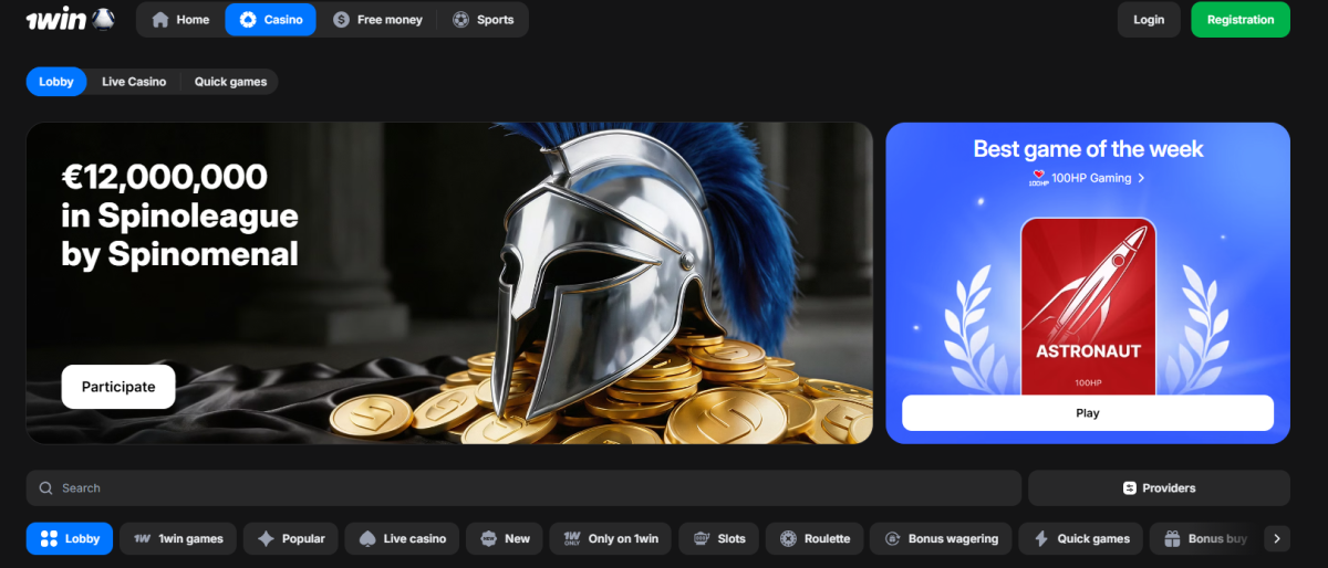 1win casino lobby with Lobby, Live Casino and Quick games tabs and tournament banner