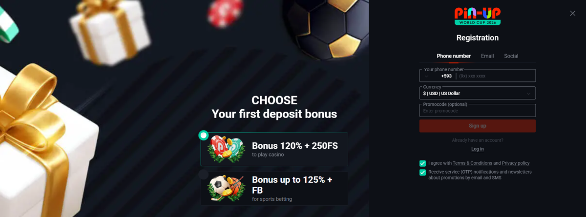 Pin Up registration form with phone, email and social sign-up tabs and a welcome bonus selector offering 120% + 250 FS for casino or up to 125% + free bet for sports