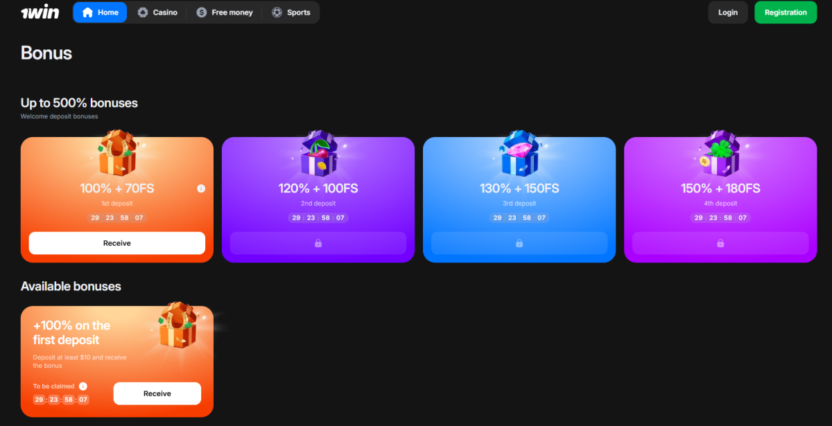 1win bonus page showing welcome deposit bonuses up to 500% with free spins across four deposits