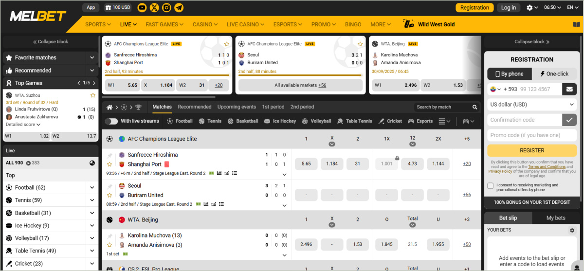Melbet live betting section with integrated streaming and real-time match statistics
