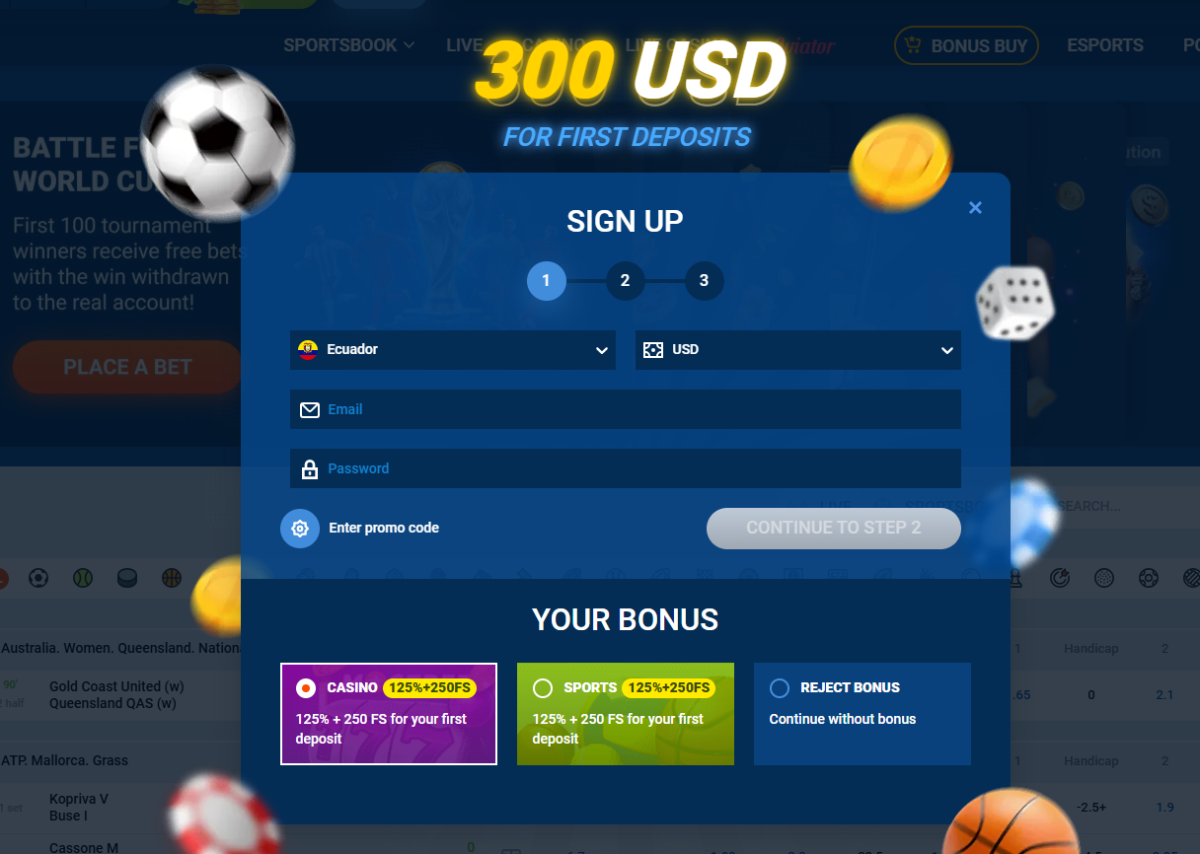 Mostbet sign-up form step 1 with country, currency, email, password and bonus choice