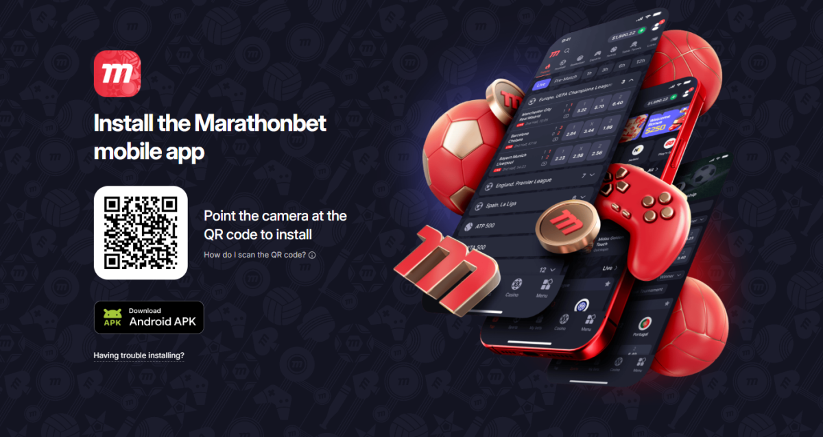 Marathonbet mobile app installation page with QR code and Android APK download