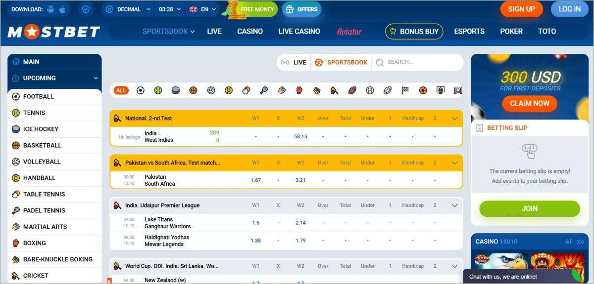 Mostbet sports betting section displaying various sports categories and live odds 