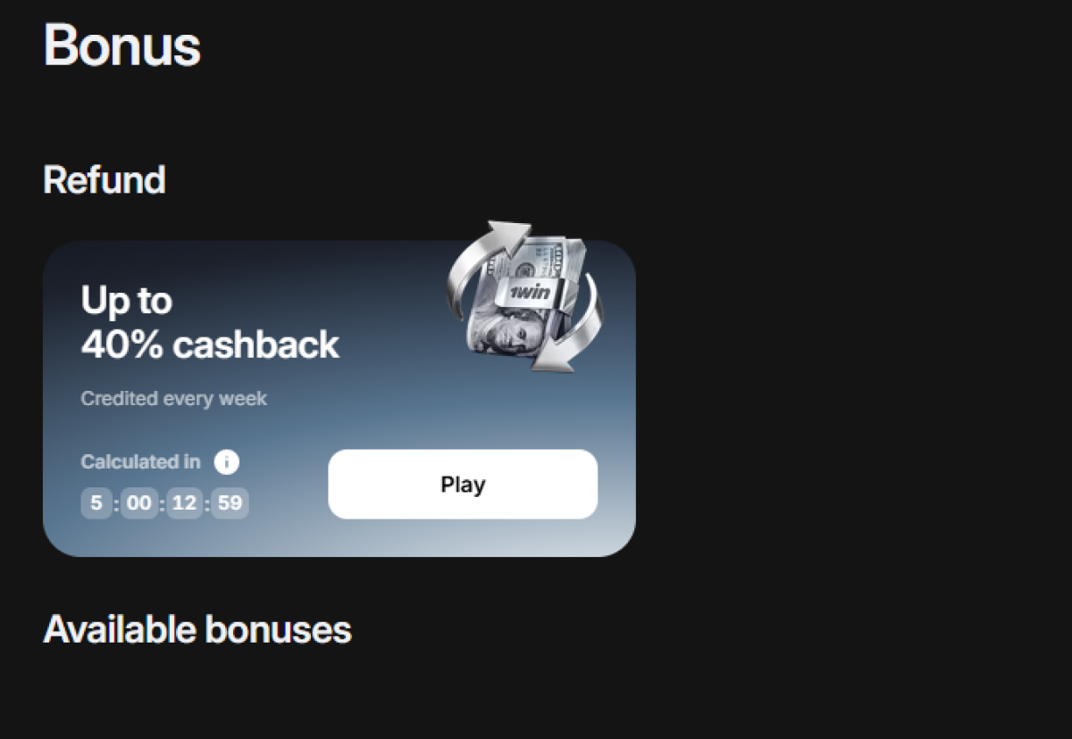 1win bonus page showing the Up to 40% cashback card with a timer until the weekly calculation