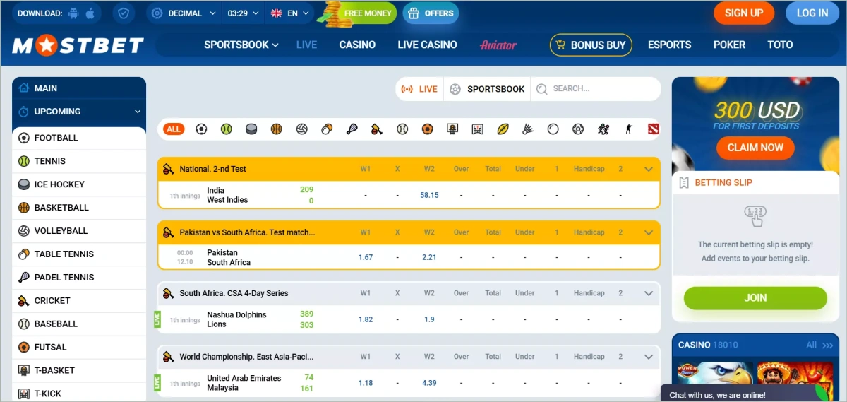 Live betting section showing in-play matches with updating odds