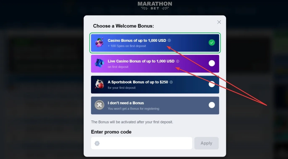 Choose between Casino or Live Casino bonus during registration - this choice cannot be changed later