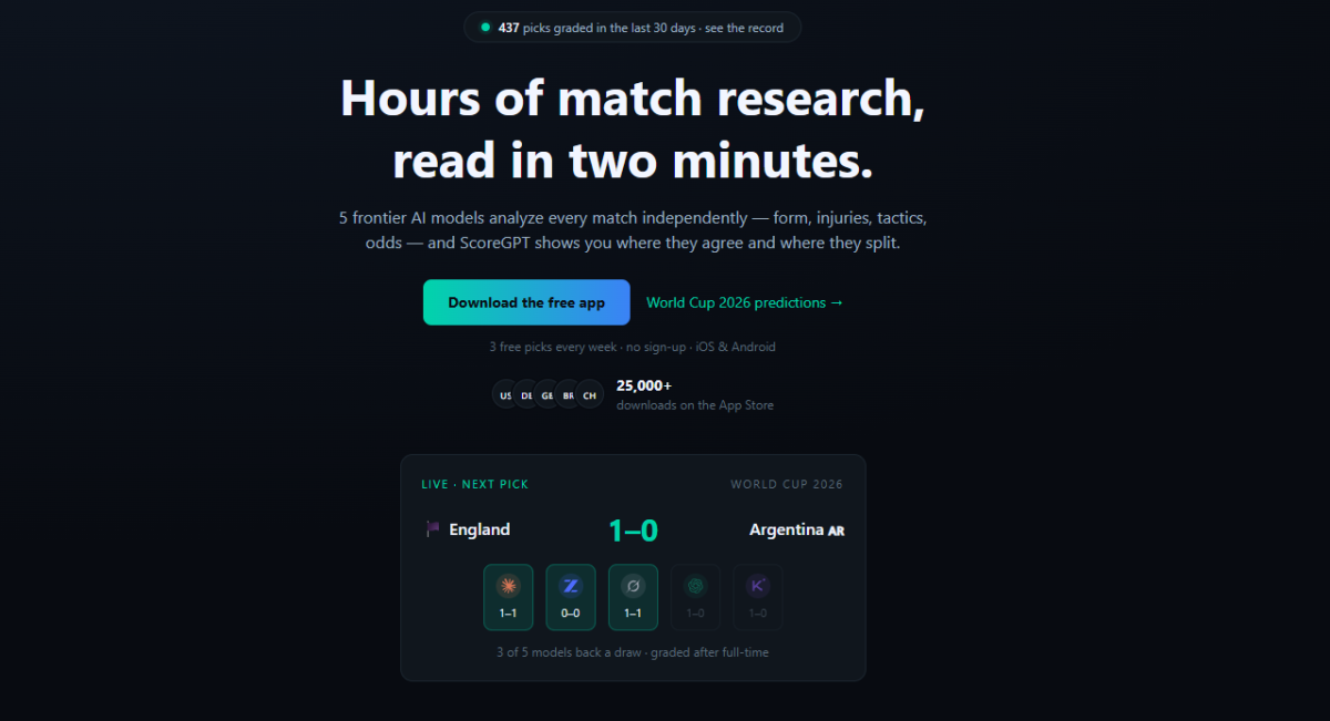 ScoreGPT website widget with a different combined pick for the same match